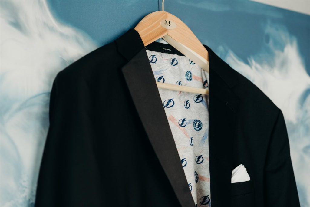 Custom Groom Wedding Suit Tux Jacket with Tampa Bay Lightning Logo Lining