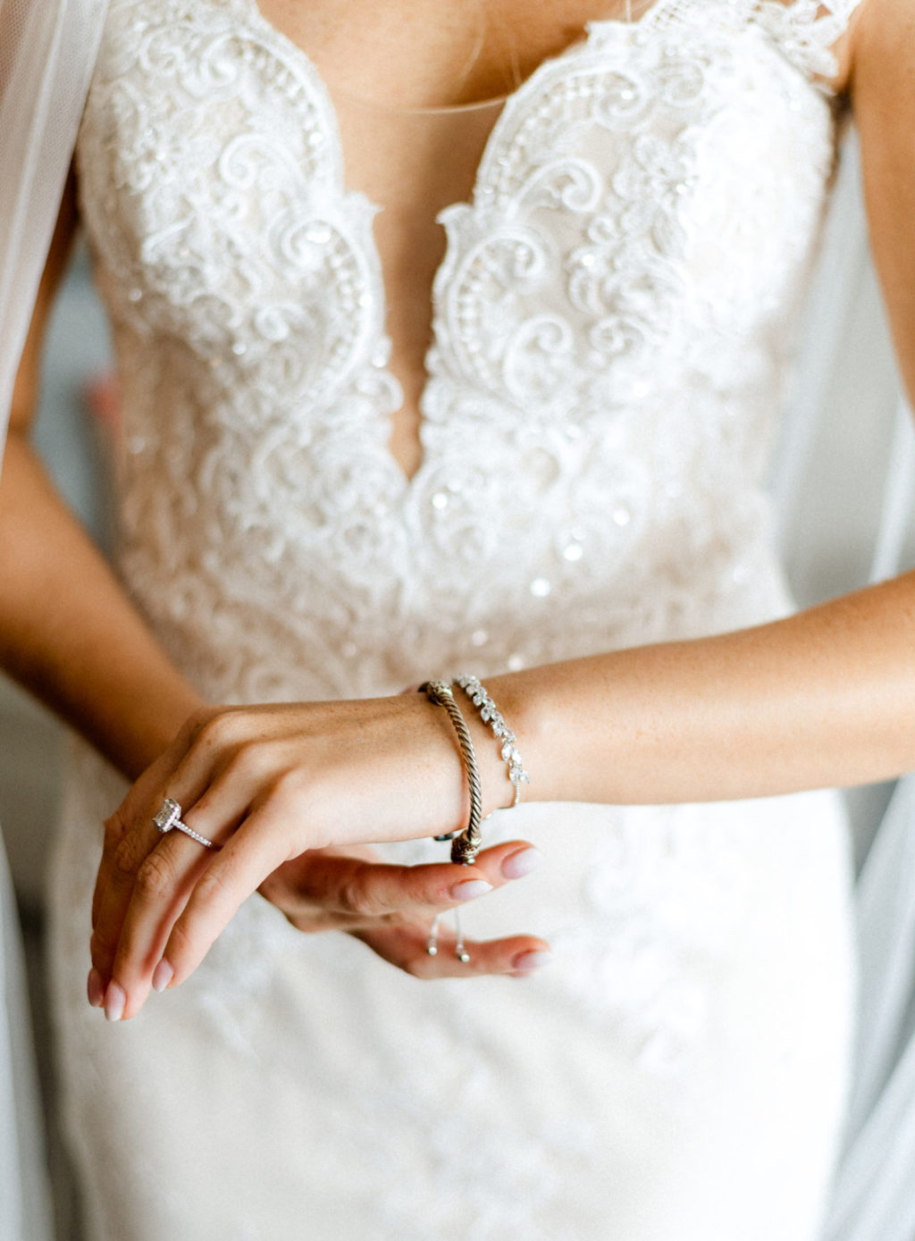 Lace Detail Plunge Wedding dress with Delicate Bracelet Details | Dress: Wtoo Charisma Wedding Dress