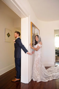 Bride and Groom First Touch Wedding Portrait | At Home Intimate Wedding Photo| Essense of Australia Wedding Dress