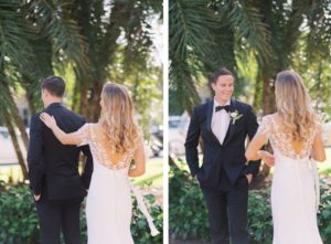 Florida Groom in Black Tuxedo and Bride Wearing Fitted Open V Back Illusion Cap Sleeve with Delicate Floral Lace Suzanne Neville Wedding Dress First Look
