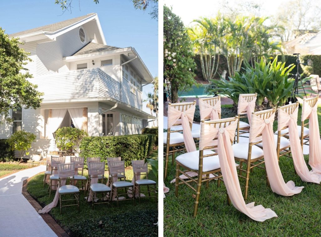 Small Intimate South Tampa Backyard Wedding Ceremony with Gold Chiavari Chairs with Pink Bow Sashes | Tampa Bay Rental Company Outside the Box Event Rentals
