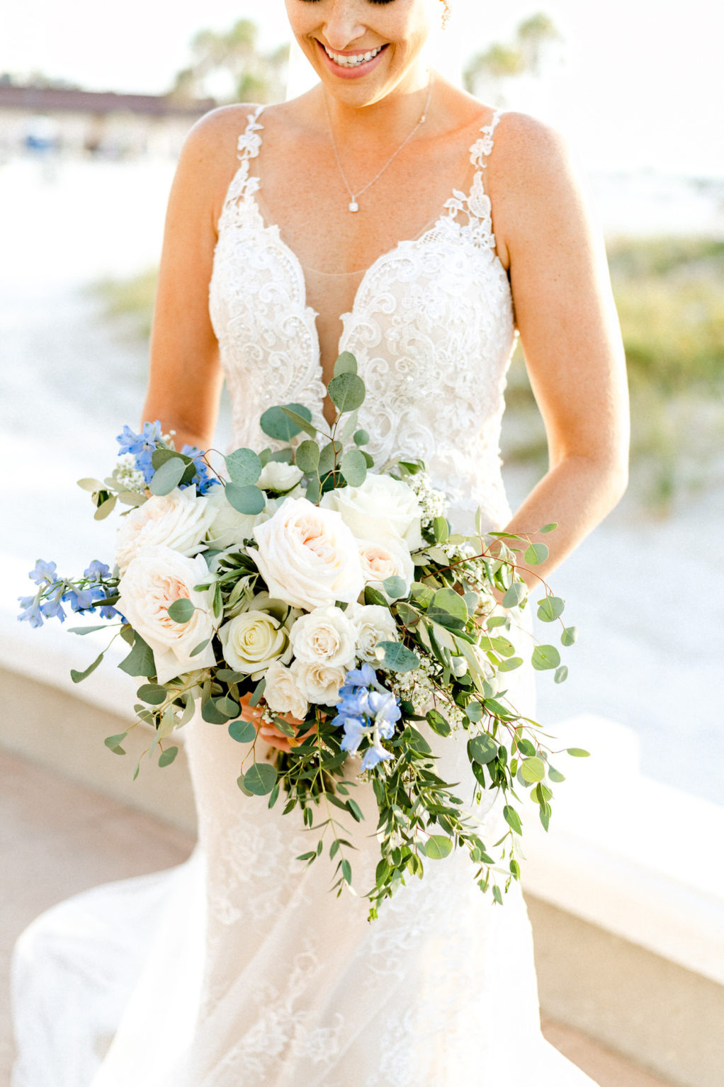 White Roses with Soft Blue Accent Bridal Bouquet | Dress: Wtoo Charisma Wedding Dress | Dewitt for Love Photography