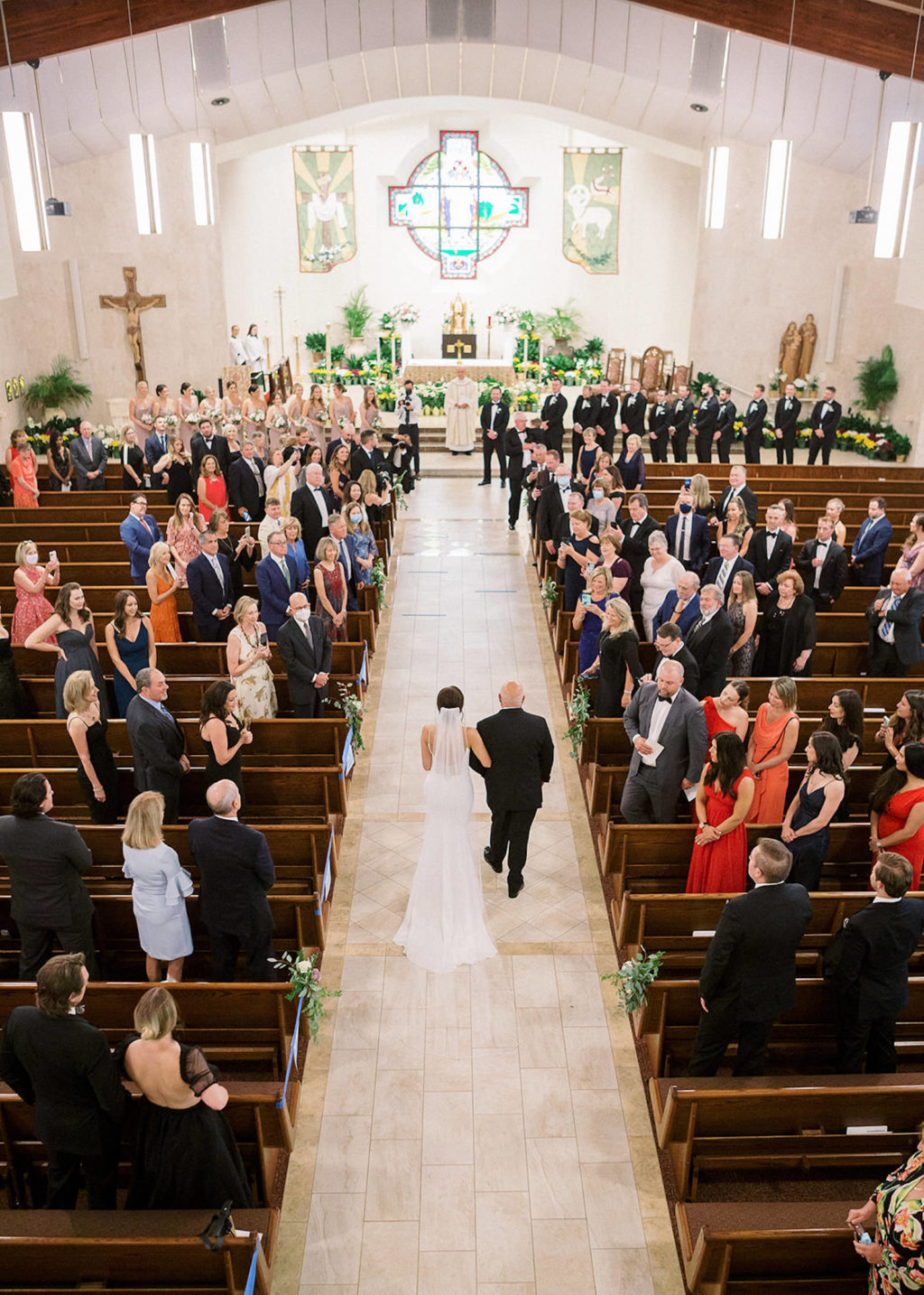 Tampa Bride Walking Down the Wedding Ceremony Aisle with Father | Tampa Wedding Venue Christ the King Catholic Church