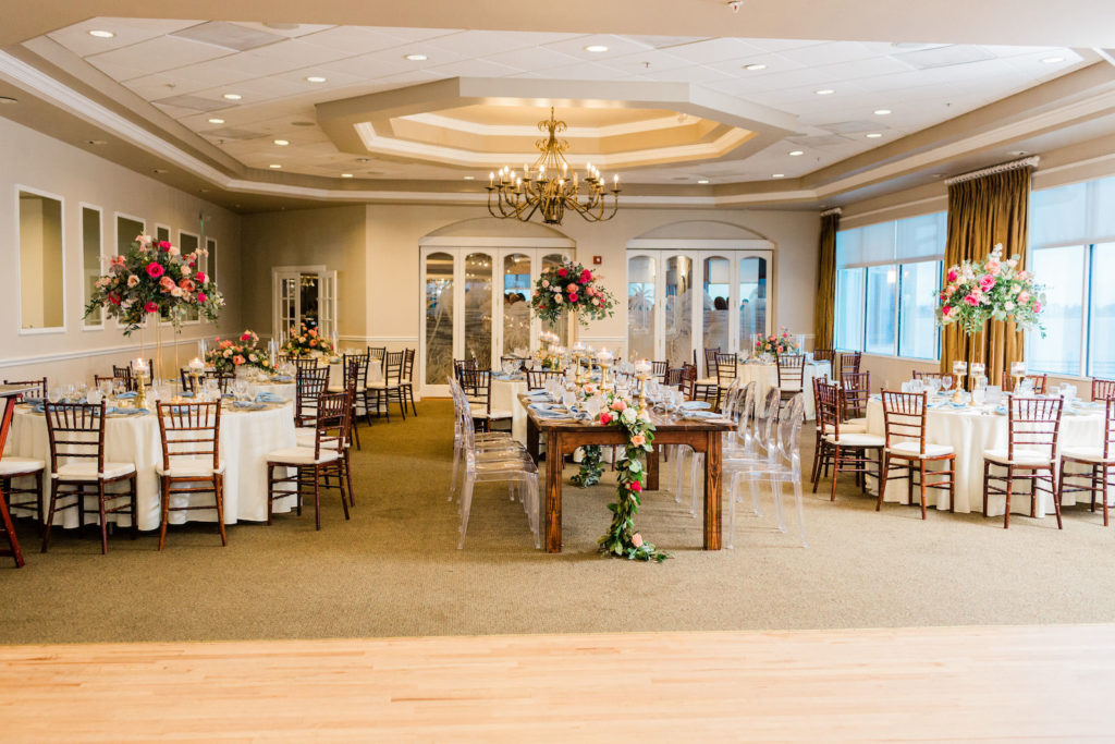 Elegant Ballroom Reception with Bamboo Chiavari Chairs and Long Wooden Feasting Table | St. Petersburg Wedding Venue Isla del Sol Yacht and Country Club