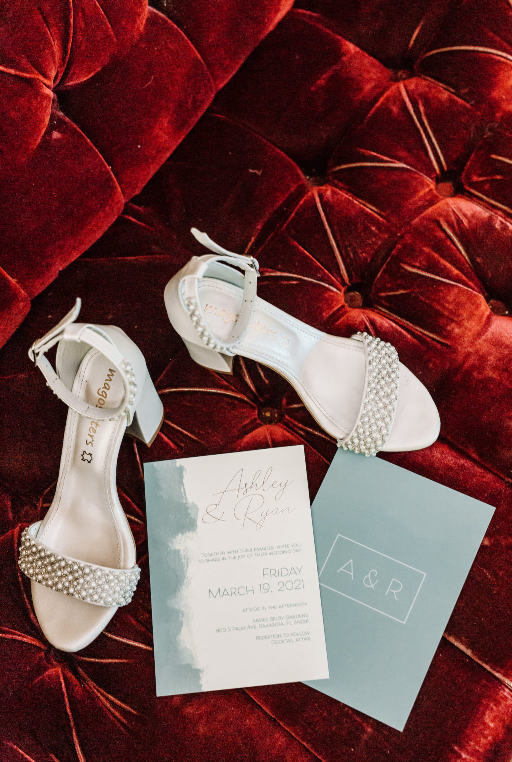 Open Toed Ivory Wedding Shoes with Pearl Detail | Classic and Simple Wedding Invitations | Mago Sisters