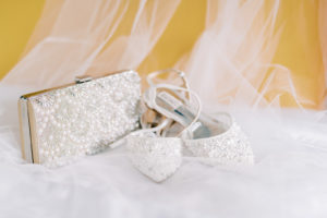 Embellished Pointed Toe White Badgley Mischka Wedding Shoes and Pearl Embellished Clutch Purse | Tampa Bay Wedding Photographer Kera Photography
