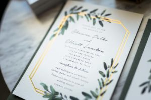 Modern Romantic Gold Foil Geometric Shape and Greenery Leaves Wedding Invitation