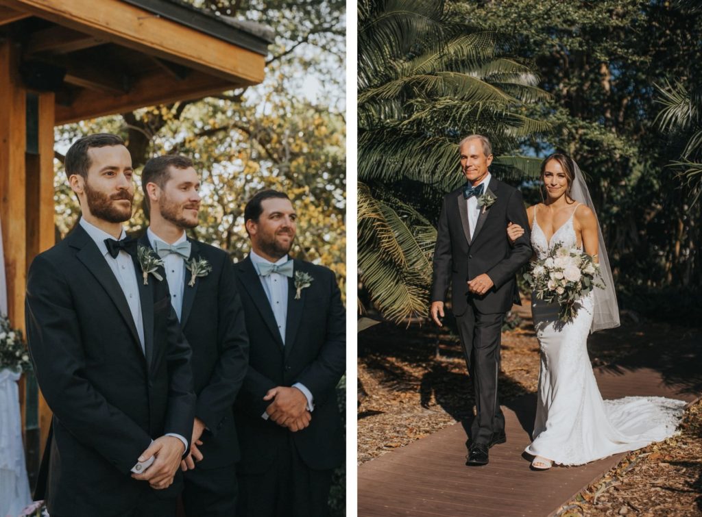 Groom Watches Bride Walk Down the Aisle with Father of the Bride Wedding Portrait