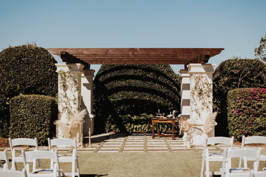 Outdoor Golf Course Wedding Ceremony Venue and Pergola, Pampas Grass in White Vases | Bradenton Wedding Venue The Concession Golf Club