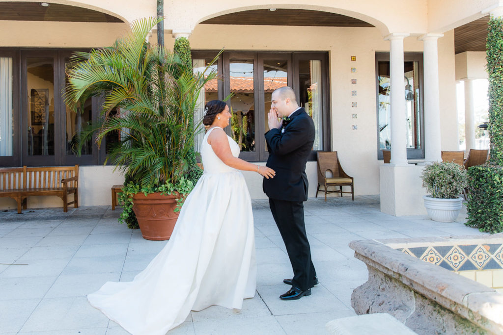 Tampa Bride and Groom First Look Wedding Photo in Courtyard