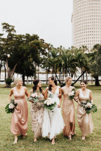 Mis-Matched Modern Gold, Metallic, and Sequined Bridesmaid Dresses | Adrianna Papell