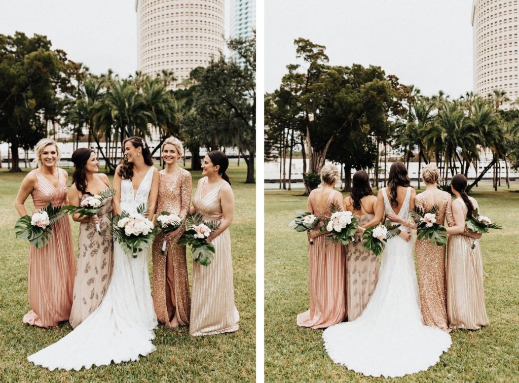 Mis-Matched Modern Gold, Metallic, and Sequined Bridesmaid Dresses with Tropical Palm Leaf Wedding Bouquet | Adrianna Papell