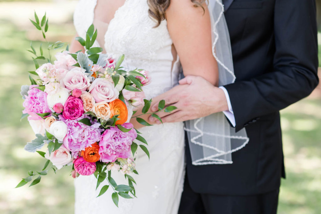 White and Vibrant Pink Peony Bridal Bouquet | Mid Length Wedding Veil