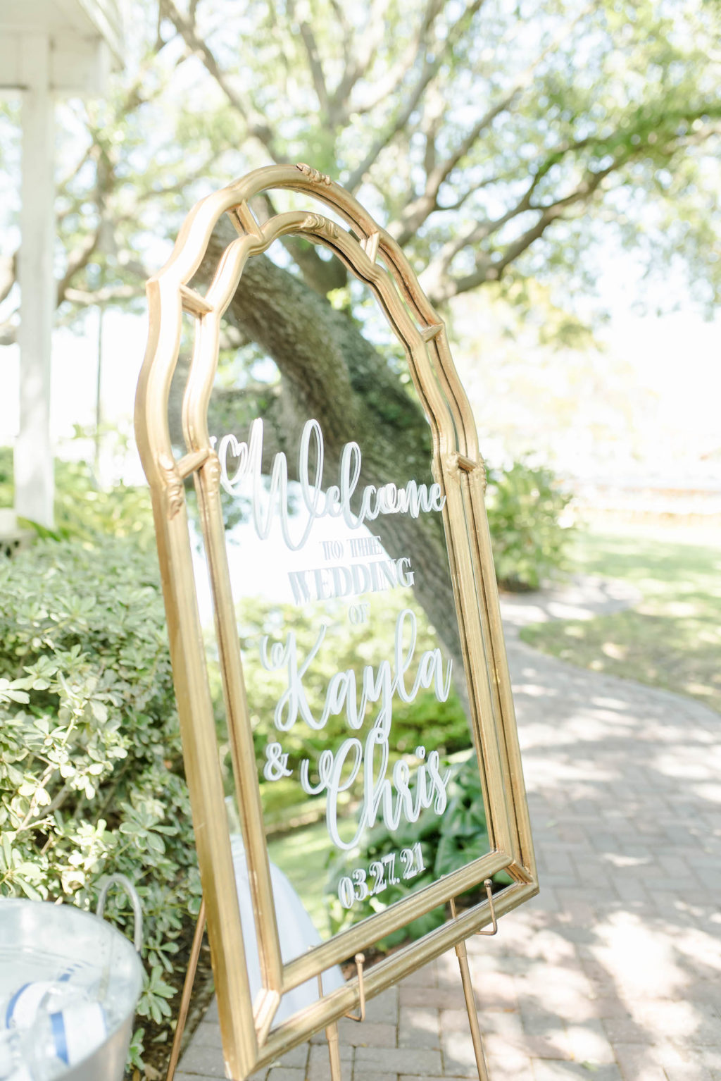 Welcome to Our Wedding Sign | Elegant Gold Décor with White Handwritten Cursive Letters and Mirror Detail