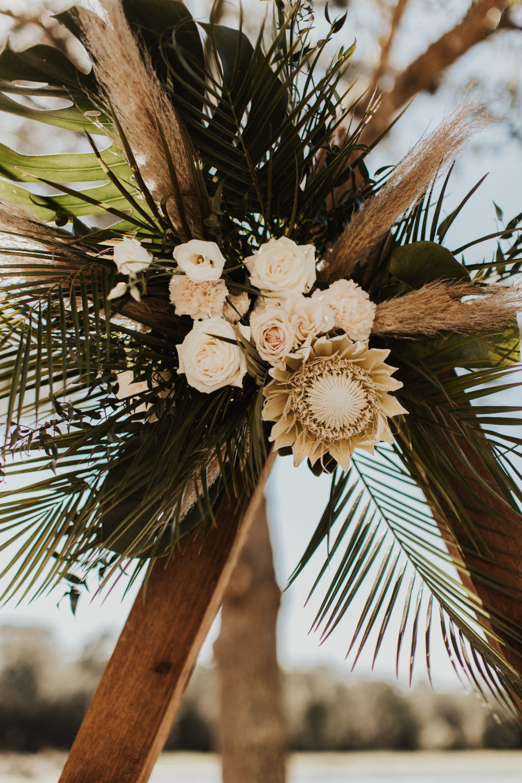 Timeless Wedding Ceremony Decor, Neutral Floral Arrangement, Ivory Roses, Palm Fronds, Monstera Palm Leaves, King Protea Flowers