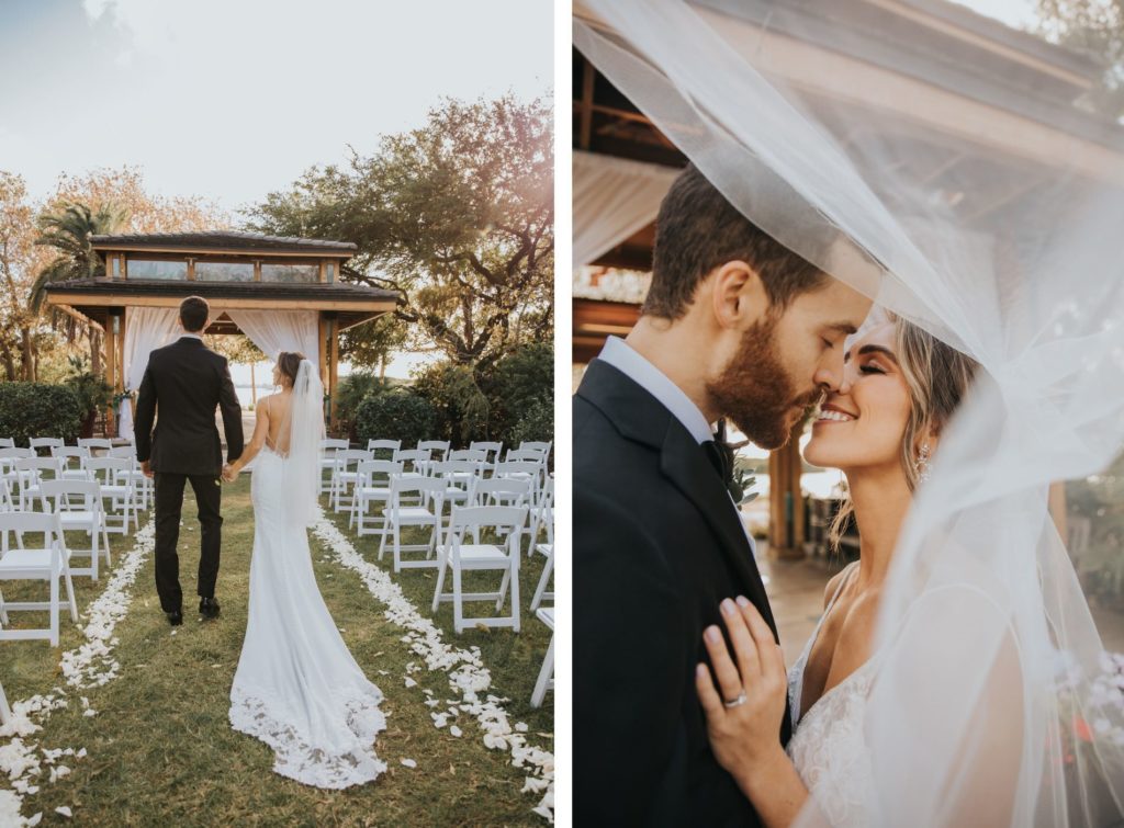 Bride and Groom Intimate Kiss after Ceremony Photo | Bride in Essense of Australia Wedding Gown with Long Train Veil | Sarasota Wedding Venue Marie Selby Botanical Gardens