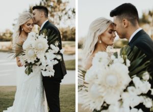 Timeless Bride and Groom | Bride Holding Neutral Lush Floral Bouquet, King Proteas, Ivory Roses, Orchids, Palm Fronds and Monstera Palm Leaves