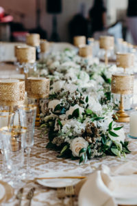 Timeless Elegant Wedding Reception Decor, Gold Candlesticks, White Roses and Greenery Garland