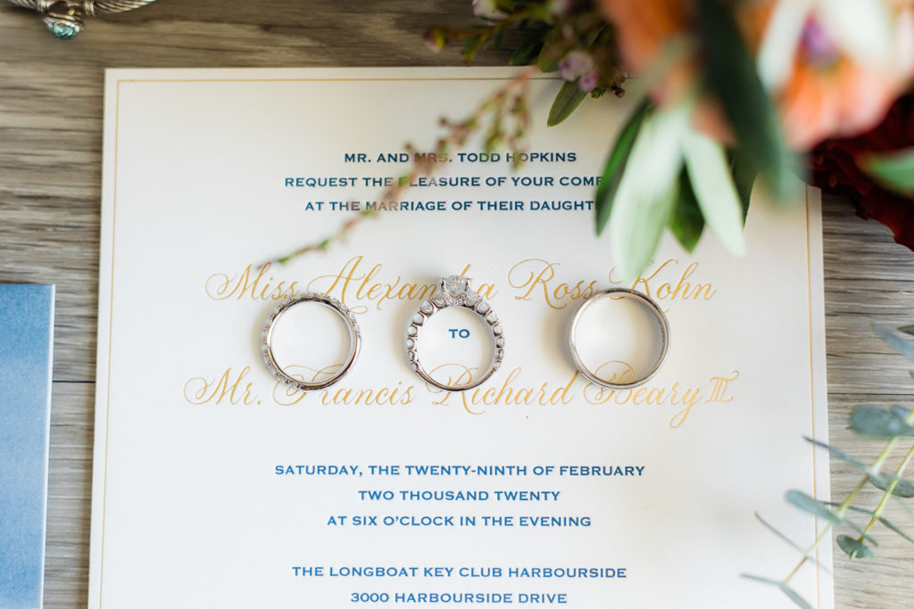 Classic White Blue and Gold Wedding Invitation, Bride and Groom Wedding Rings, Engagement Ring
