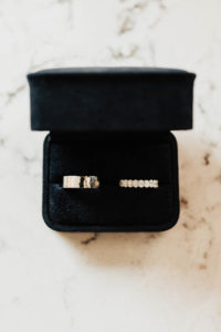 Gold Bride and Gold Wedding Bands | Gold Wedding Band with Diamonds in the Band in Black Ring Box