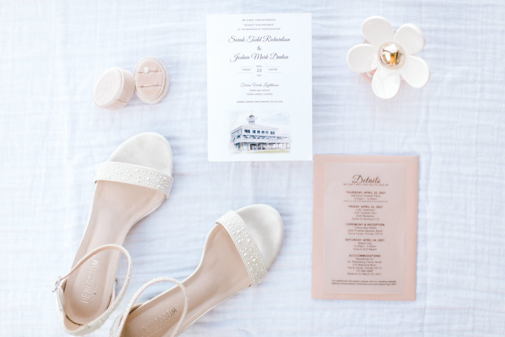 Elegant Wedding Invitations with Custom Venue Sketch | White Open-Toed Wedding Shoes | Oval Diamond Engagement Ring with Gold Band in Velvet Pink Ring Box | Daisey by Marc Jacobs Perfume