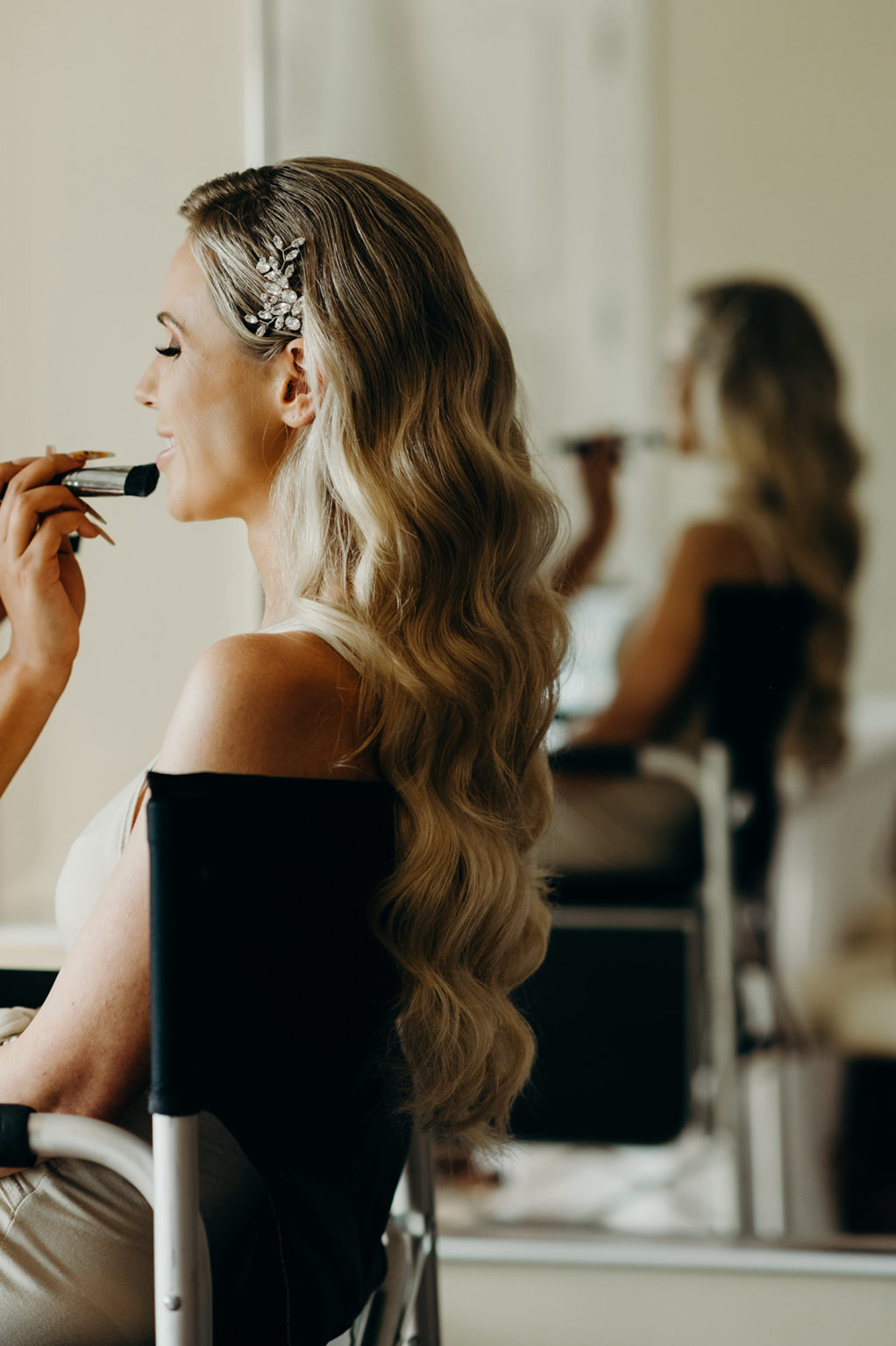 Tampa Bay Bride Getting Wedding Hair and Makeup Done, Loose Waves with Rhinestone Clip