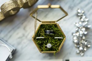 Gold Geometric and Glass Ring Box with Moss, Round Solitaire Halo Diamond Engagement Ring, Bride Wedding Bands, Black Groom Wedding Ring