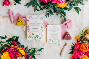 Garden Floral Wedding Invitations with Bright Pink and Vibrant Yellow Florals | Stationery Inspiration