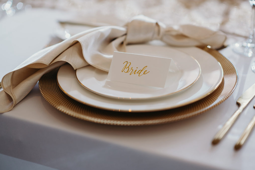Timeless Elegant Wedding Reception Decor, Gold Charger and Classic White China Dinner Setting, White and Gold Place Card, Champagne Linen Napkin