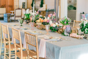 Gold Wedding Chairs with Sheer White Linen | Florida Garden Wedding Tablescape with Floral Details | Covington Farms