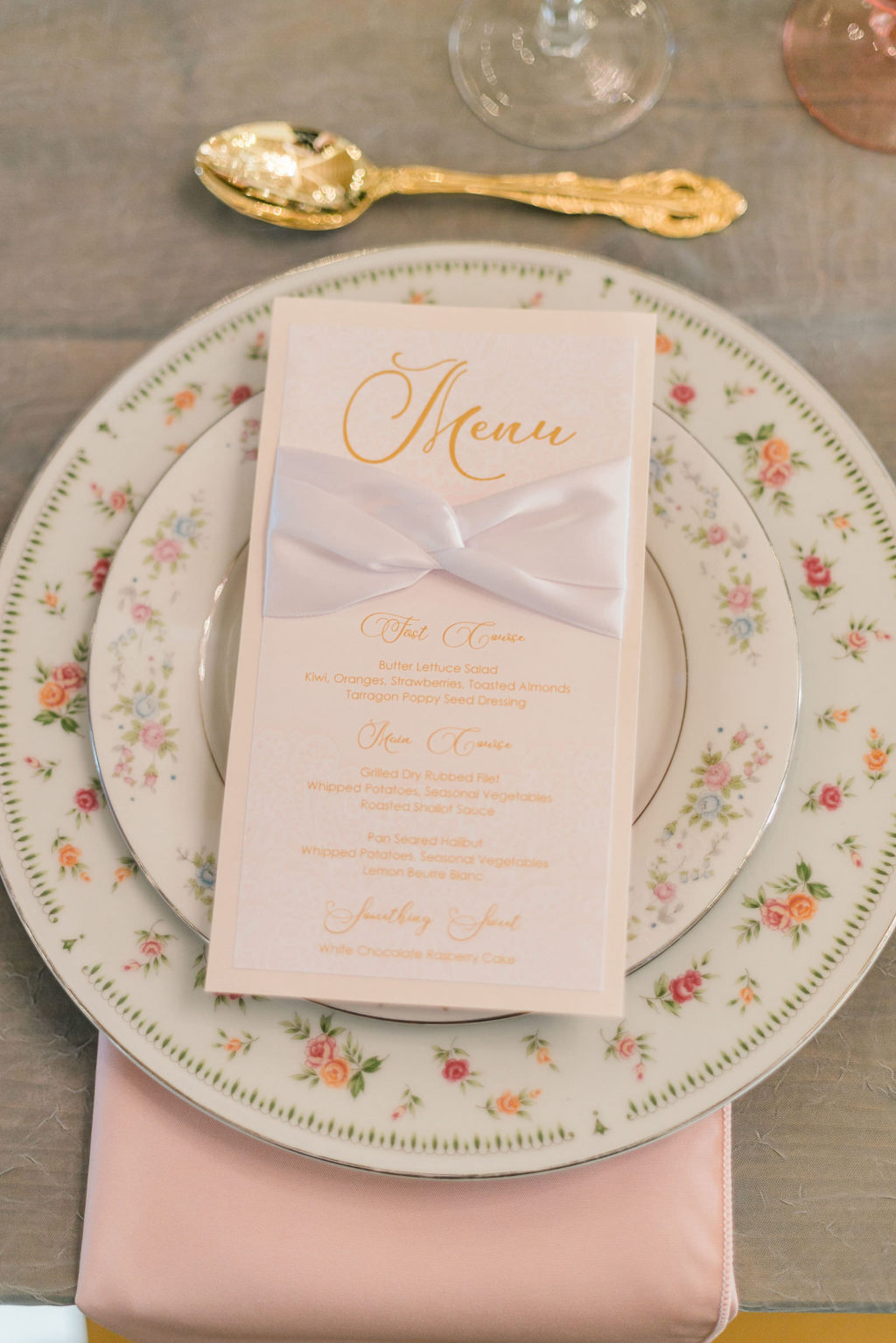 Floral and Vintage Wedding Plating | White with Gold with Menu Detail | Wedding Place Settings