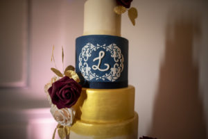 Six Tier Navy Blue, White, and Gold Round Wedding Cake with Monogram | Dessert Ideas