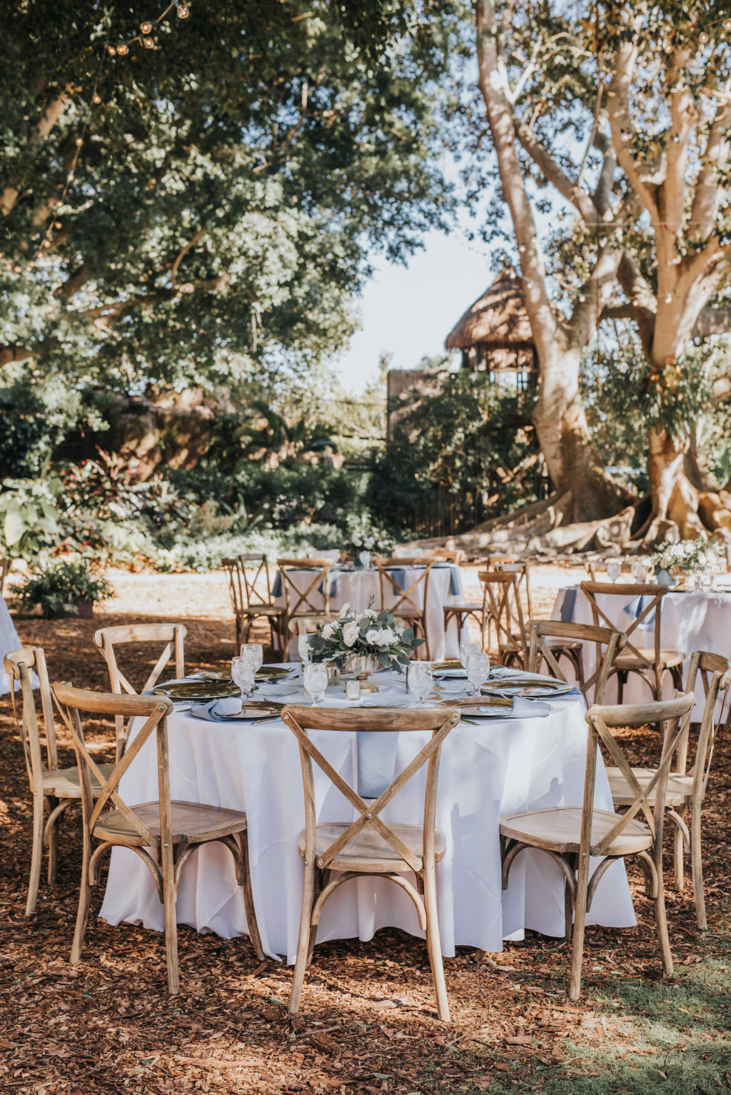 Romantic Rustic Outdoor Garden Wedding Reception with Round Tables, White Linens, and Wooden French Country Chairs | Sarasota Venue Marie Selby Botanical Gardens | Planner Taylored Affairs