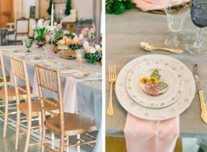 Floral and Vintage Wedding Plating | White with Gold with Gold Wedding Chairs | Wedding Place Settings