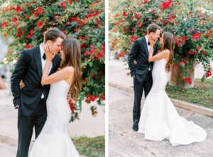 Romantic Bride and Groom Wedding Photo in Front of Red Flower Bush | Tampa Bay Wedding Photographer Kera Photography | Wedding Hair and Makeup Femme Akoi Beauty Studio