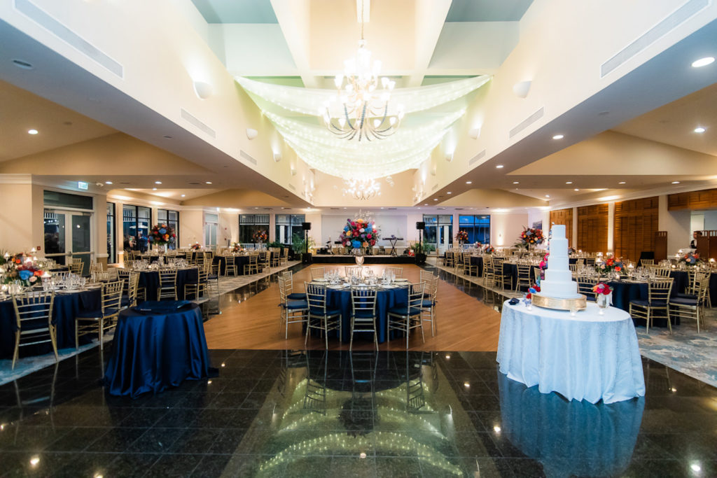 Elegant Ballroom Wedding Reception Decor, Linen Drapery on Ceiling with String Lights, Navy Blue Linens | Tampa Wedding Venue The Resort at Longboat Key Club