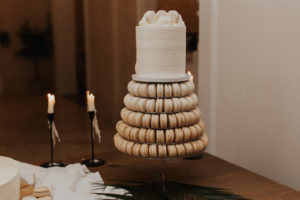 Unique One Tier White Wedding Cake with Five Macaroon Cookie Tiers