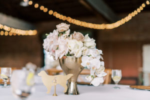 Classic Wedding Reception Decor, Low Blush Pink and White Orchid Floral Centerpiece, Golden Retriever Laser Cut Table Number Sign | Tampa Bay Wedding Photographer Kera Photography | Wedding Rentals Gabro Event Services
