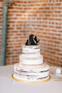 Three Tier Simple Semi Naked Wedding Cake with Black Silhouette Bride, Groom and Golden Retrievers Cake Topper | Tampa Bay Wedding Photographer Kera Photography