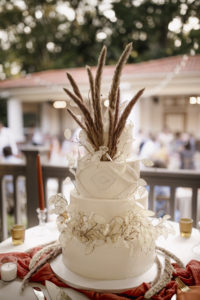 Three Tiered Round Wedding Cake with Intricate Natural Pampas Grass Detailing | Boho Wedding Cake Topper