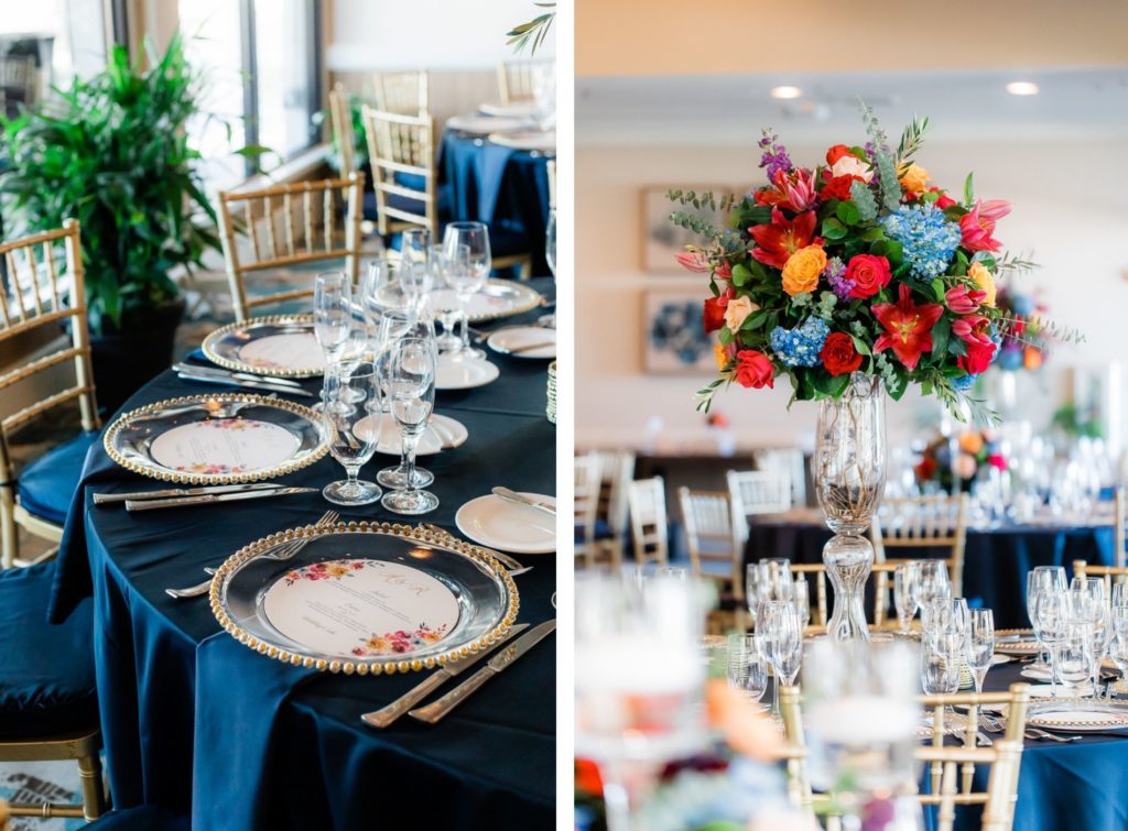 Elegant Ballroom Wedding Reception Decor, Gold Chiavari Chairs, Round Tables with Navy Blue Table Linens, Jewel Tone Tall Floral Centerpieces, Blue, Pink, Red, Orange Flowers | Tampa Wedding Venue The Resort at Longboat Key Club