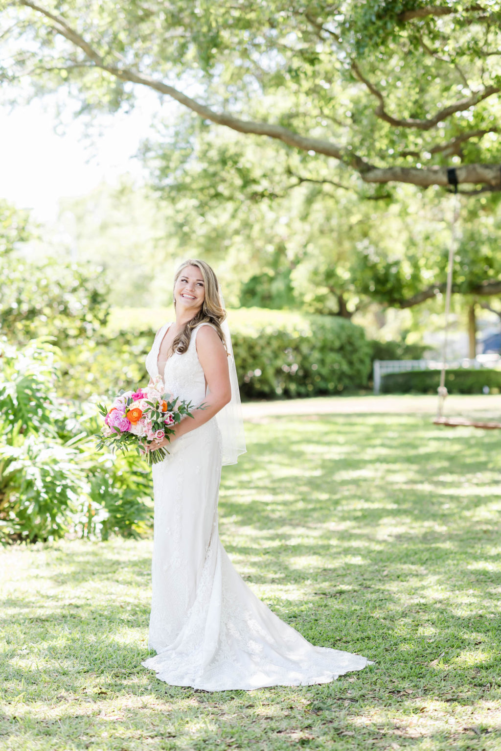 Bride in Lace Maggie Sorento Wedding Dress Portrait | Pink Bouquet of Peonies for Tampa Bay Garden Wedding
