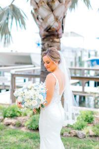 Bride Wedding Portrait in Low Back Fit and Flare Morilee Wedding Dress | White and Dusty Pastel Blue Wedding Bouquet