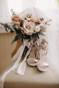 Neutral Beige Roses and Orange Floral Boho Wedding Bouquet with Greenery | Open Toed Wedding Shoes with Laced Up Beading Detail