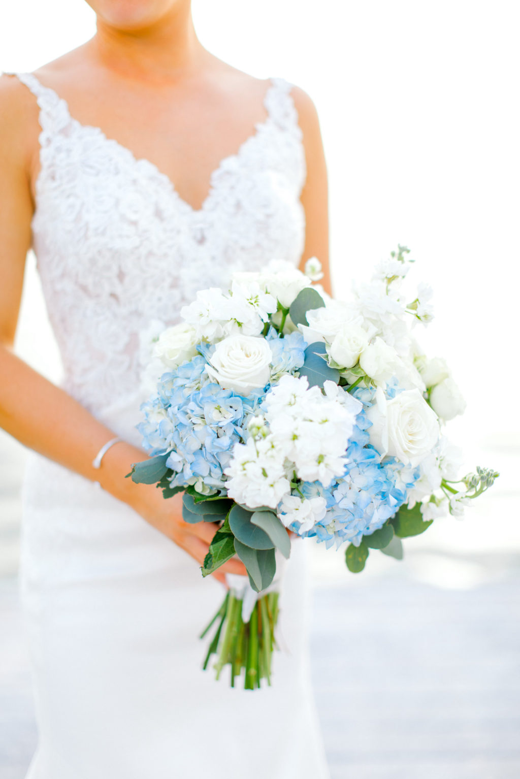Bride Wedding Portrait in Morilee Wedding Dress | White and Dusty Pastel Blue Hydrangea Wedding Bouquet