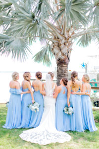 Bride with Bridesmaids in Mix and Match Dusty Blue Floor Length Dresses
