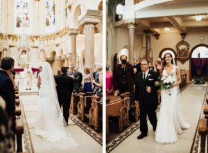 Father Walking Daughter Down the Wedding Ceremony Aisle | Downtown Tampa Wedding Ceremony Venue Sacred Heart Catholic Church