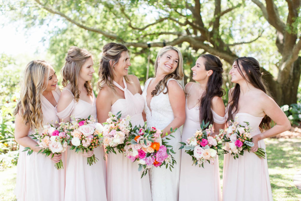 White and Vibrant Pink Peonies Wedding Bouquets | Mismatched Long Blush Bridesmaids Dresses for Garden Wedding | Neutral Bridesmaid Gowns by Birdy Grey