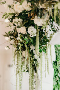Elegant and Timeless Wedding Decor, White Roses, Greenery, Hanging Amaranthus