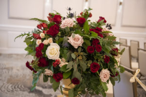 Romantic Floral Bouquet, Blush Pink and Burgundy Roses, Greenery | Tampa Bay Wedding Planner Coastal Coordinating